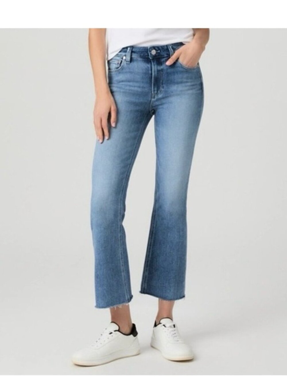 PAIGE Denim Colette Crop Flare Raw Hem Jeans — Shoreside Medium Wash, Size 27